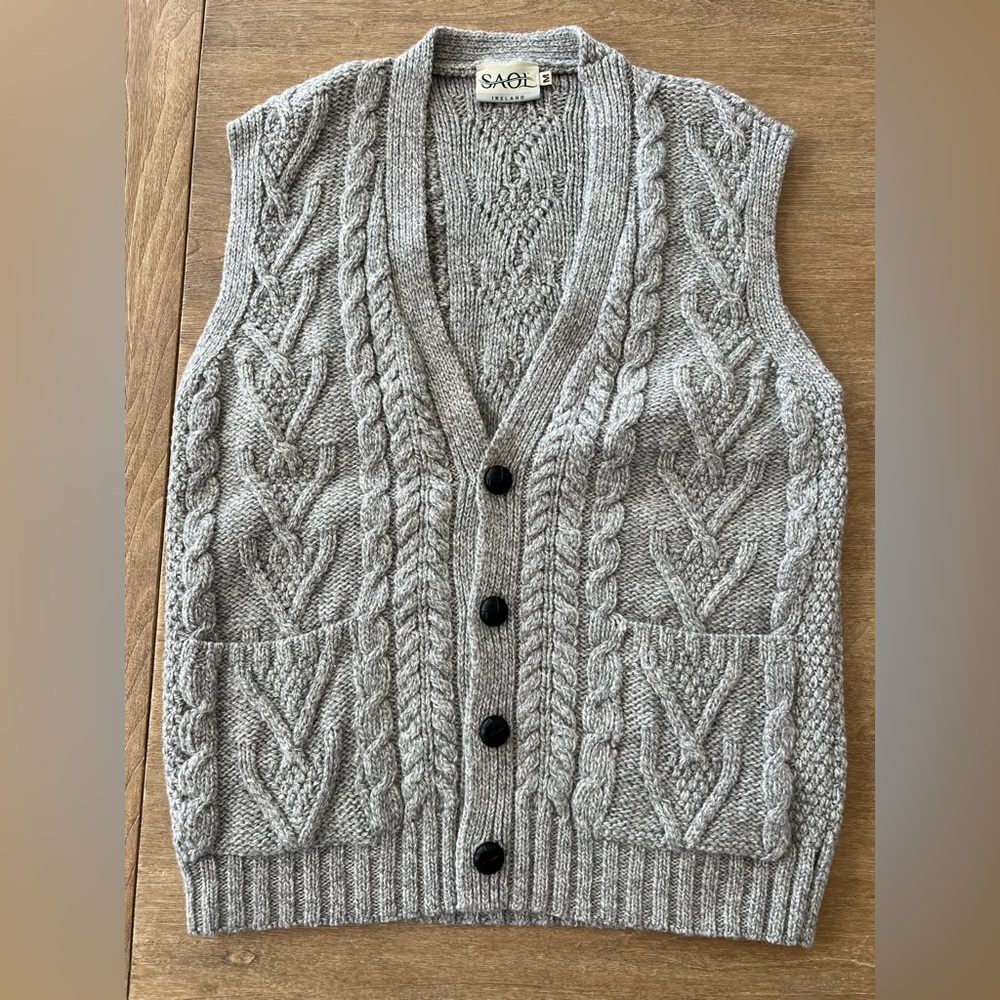 SAOL Ireland Men’s Gray Aran Cable Knit Wool Vest | Size M | Irish Sweater